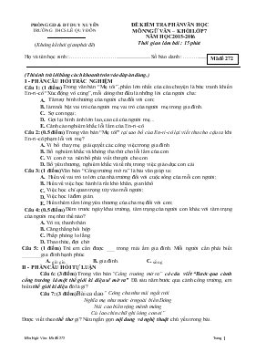 Đề 1 kiểm tra phần văn học môn ngữ văn  khối lớp 7 năm học 2015-2016 thời gian làm bài  15 phút